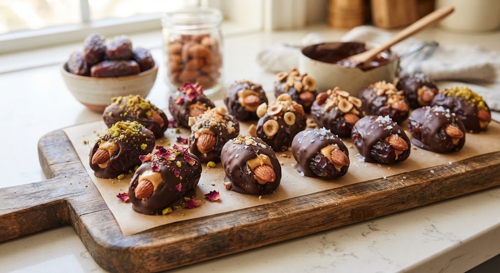 Chocolate-Dipped Stuffed Dates with Nuts