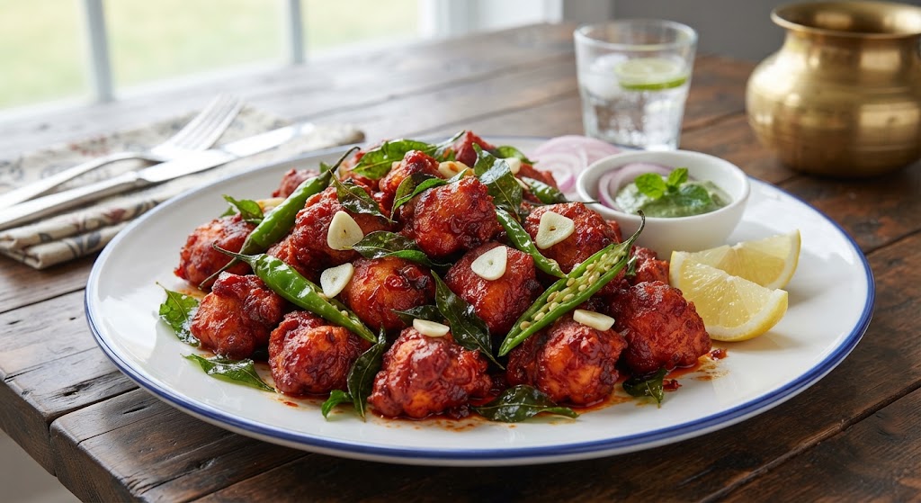 Crispy South Indian Chicken 65 with Fragrant Curry Leaves and Chili